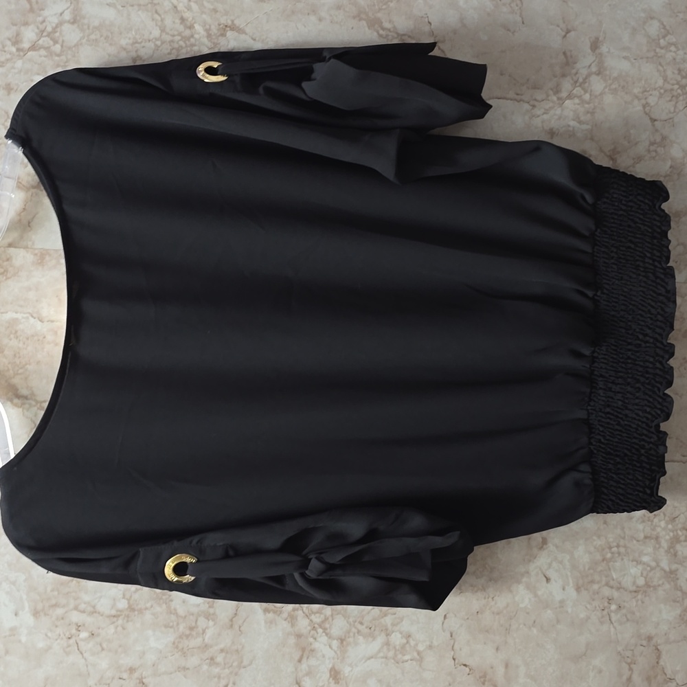 Women's Black Blouson Top with Gold Accent - Picture 2 of 6